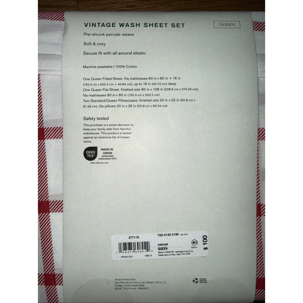 Linden Street Queen Sheet Set 100% Cotton Red Gingham NEW